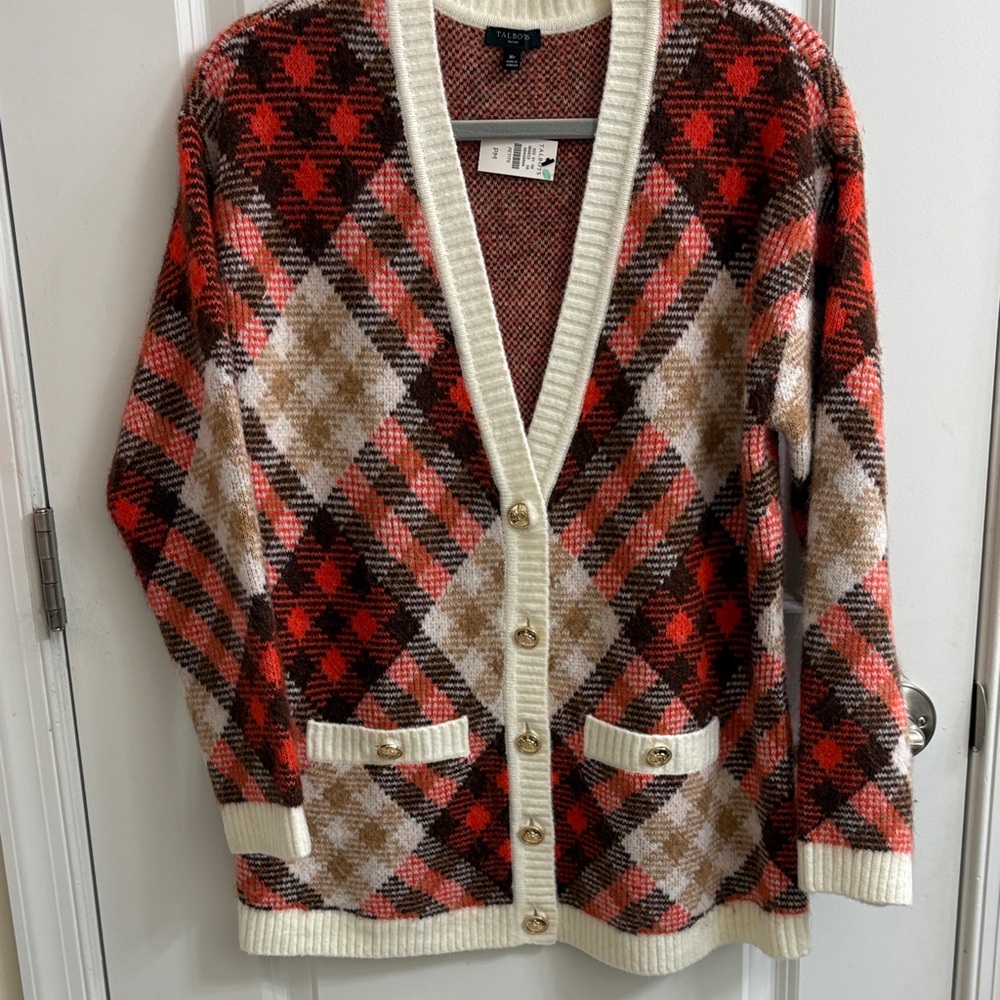 Talbots Red and Cream Plaid Cardigan